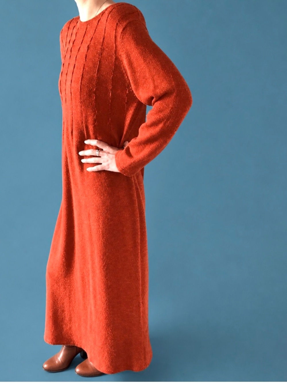 Vintage Burnt Orange Long Cable Knit Sweater Dress | Retro Minimalist